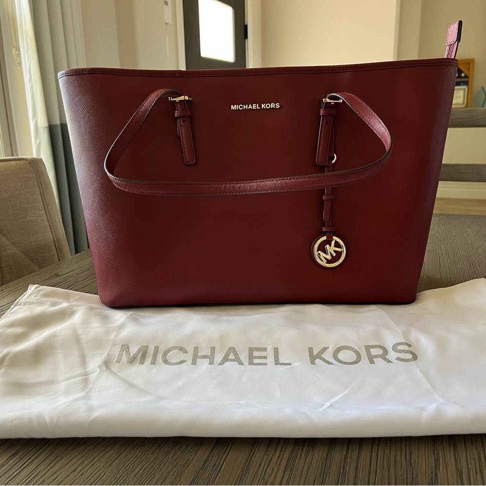 Michael Kors Extra Large Jet Set Saffiano Merlot Tote reg $448!